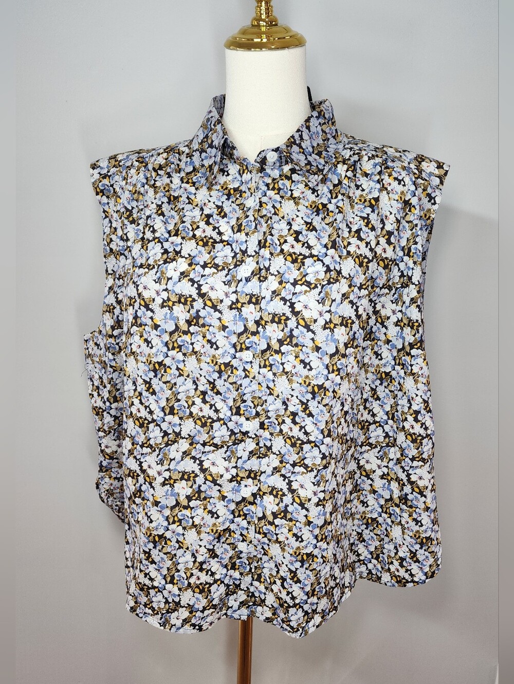 Button-Up Floral Blouse 100% Cotton Top Casual Sleeveless Shirt Size XL